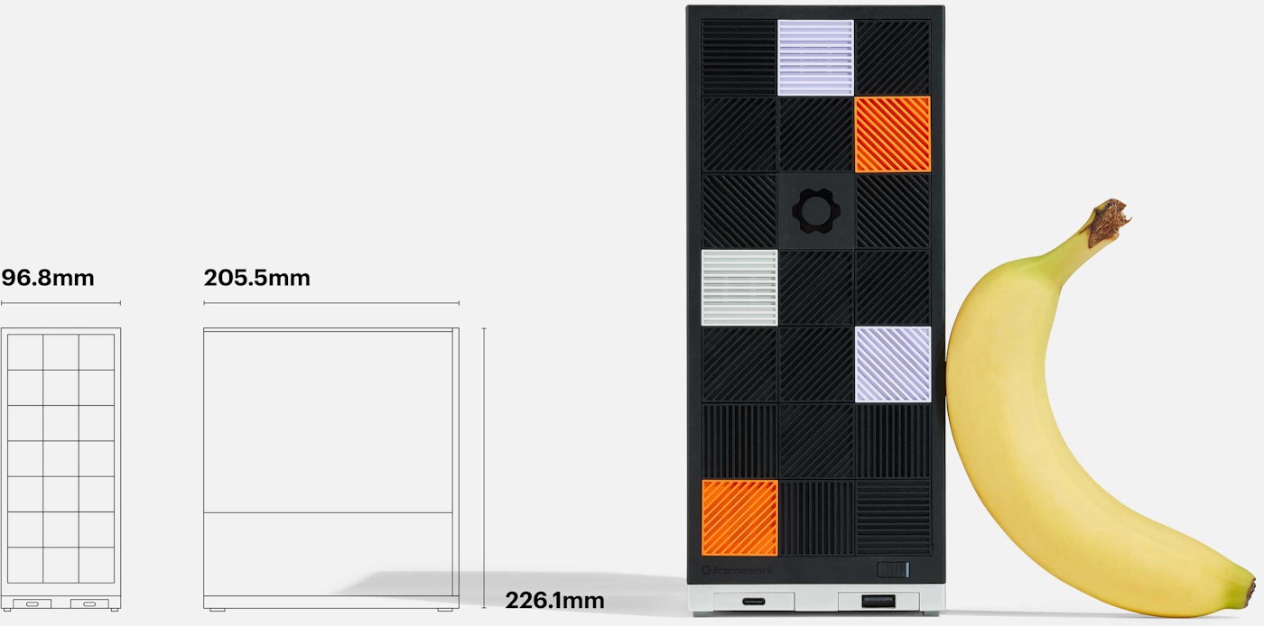 Framework Desktop beside a banana for scale, with dimensions of 96.8mm wide, 205.5mm deep and 226.1mm tall.
